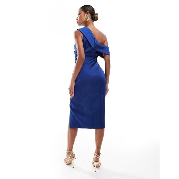 Lavish Alice pleated one shoulder bonded satin midi dress in navy - Picture 3 of 9